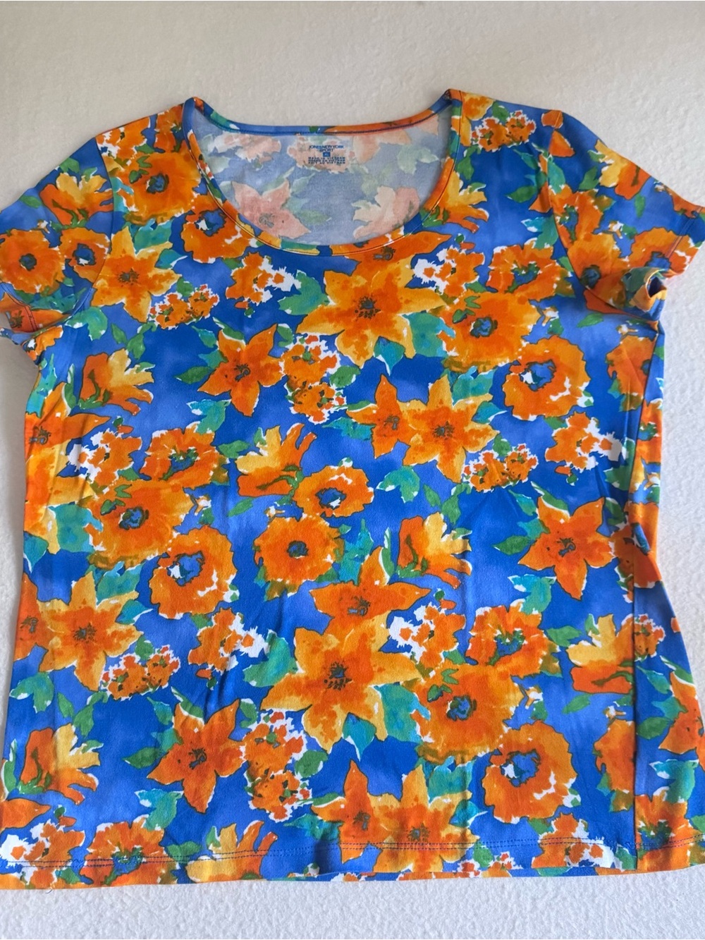 Jones New York Blue Short-Sleeve Top with Orange Floral Print